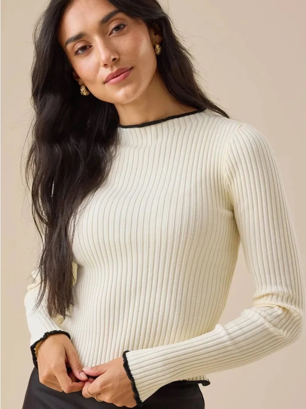 Ribbed Crewneck Sweater in Cream with Black Trim